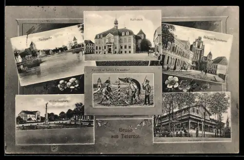 AK Teterow, Rathaus, Kurhaus, Wilhelmsplatz, Partie am Rostockertor