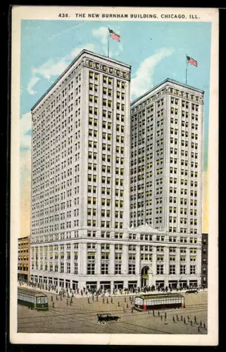 AK Chicago, Ill., The New Burnham Building, Strassenbahn