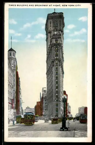 AK New York City, Times Building and Broadway at Night, Strassenbahn