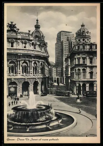 AK Genova, Piazza De Ferrari col nuovo grattiacielo, Strassenbahn