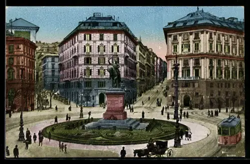 AK Genova, Piazza Corvetto, Strassenbahn