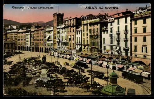 AK Genova, Piazza Caricamento, Panorama, Strassenbahn