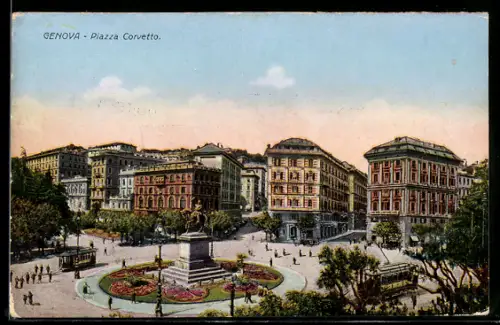 AK Genova, Piazza Corvetto, Strassenbahn