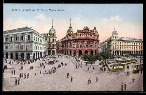 AK Genova, Piazza De Ferrar e Nuova Borsa, Strassenbahnen