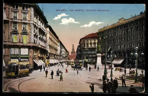 AK Milano, Via Dante, Veduta Animata, Strassenbahn