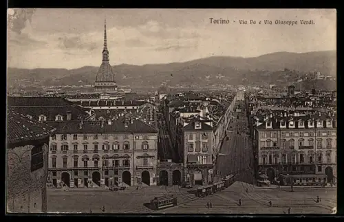 AK Torino, Via Po e Via Guiseppe Verdi, Strassenbahn