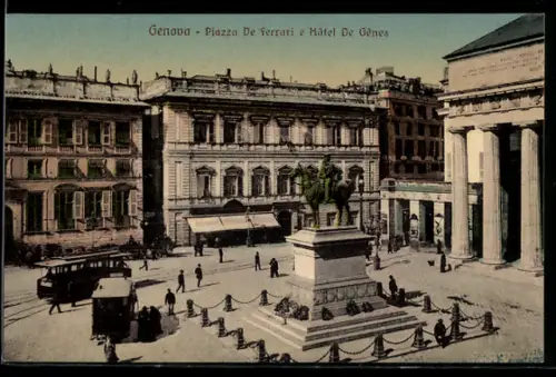 AK Genova, Piazza De Ferrari e Hotel De Genes, Strassenbahn
