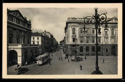 AK Milano, Das Scala Theater und Via Manzoni, Strassenbahn