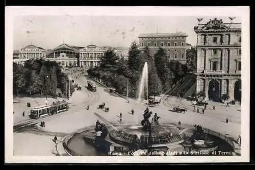 AK Roma, Fontana delle Naiadi e la Stazione di Termini, Strassenbahn