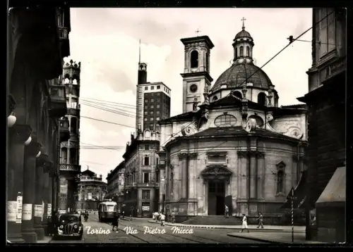 AK Torino, Via Pietro Micca, Chiesa, Strassenbahn