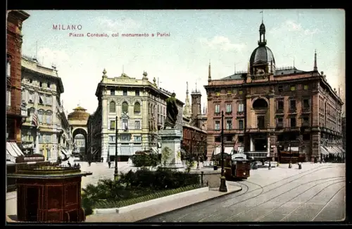 AK Milano, Piazza Cordusio, col monumente a Parini, Strassenbahn