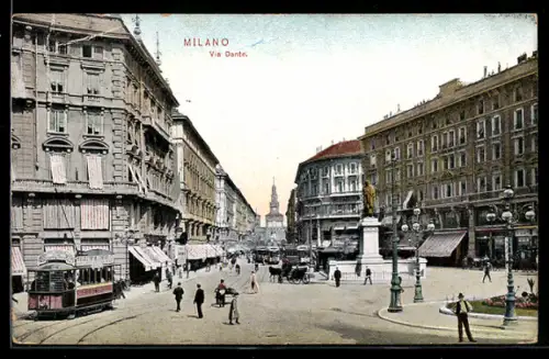 AK Milano, Via Dante, Strassenbahn, Pferdekutsche