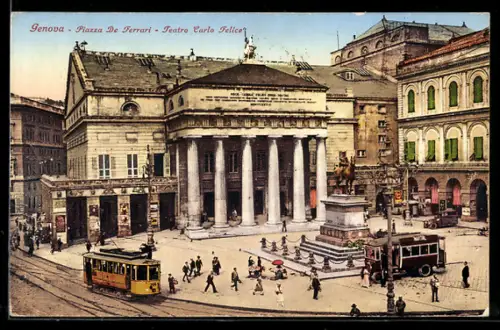 AK Genova, Piazza De Ferrari & Theatre Carlo Felice, Strassenbahn