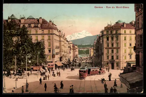 AK Genève, Rue du Mont-Blanc, Strassenpartie mit Strassenbahn