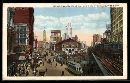 AK New York City, NY, Herald Square, Broadway and Sixth Avenue, Strassenbahn