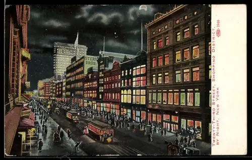 Künstler-AK New York, NY, Tenty-Third Street, Shoppng District by Nicht, Strassenbahn