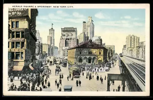 AK New York City, NY, Herald Square & Broadway, Strassenbahn