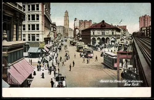 AK New York, Herald Square, Times Bld. in distance, Tramway, Strassenbahnen