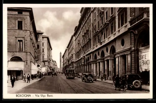 AK Bologna, Via Ugo Bassi, Strassenbahn