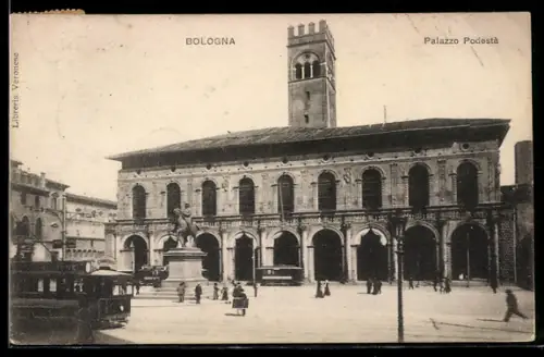 AK Bologna, Palazzo Podestà, Strassenbahn