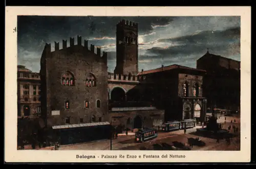AK Bologna, Palazzo Re Entzo e Fontana del Nettuno, Strassenbahn