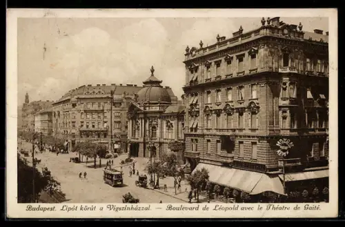 AK Budapest, Lipót körút a Vigszínházzal, Strassenbahn