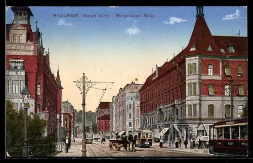 AK Budapest, Strassenpartie am Margarethenring, Strassenbahn