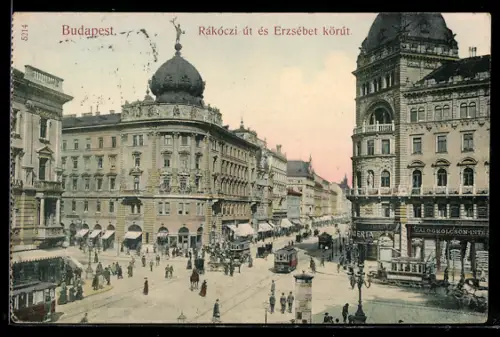 AK Budapest, Rakoczi ut es Erzsebet körut, Strassenbahn, prachtvolle Häuserfassaden
