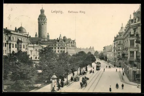 AK Leipzig, Rathaus-Ring mit Strassenbahn