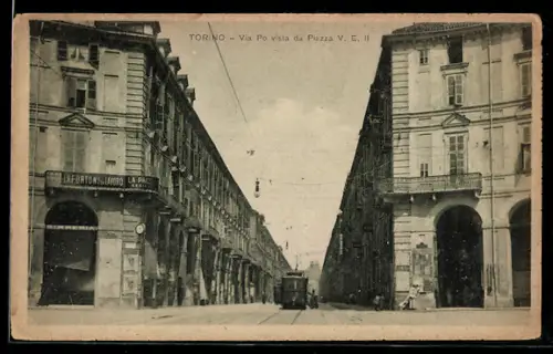 AK Torino, Via Po vista da Piazza V. E. II, Strassenbahn