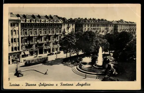 AK Torino, Piazza Solferino e Fontana Angelica, Strassenbahn