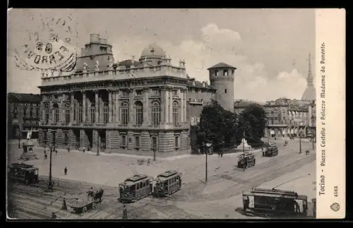 AK Torino, Piazza Castello e Palazzo Madama da Ponente, Strassenbahn