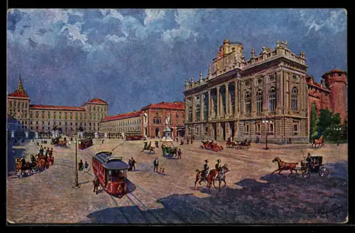 Künstler-AK Torino, Vino di China ferruginoso, Serravallo, Ansicht mit Strassenbahn