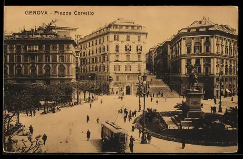 AK Genova, Piazza Corvetto, Strassenbahn