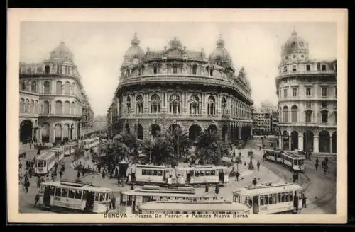 AK Genova, Piazza De Ferrari e Palazzo Nuova Borsa, Strassenbahn