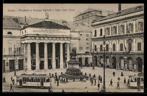 AK Genova, Monumento a Giuseppe Garibaldi e Teatro Carlo Felice, Strassenbahn