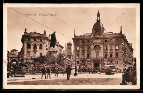 AK Milano, Piazza Cordusio, Strassenbahn