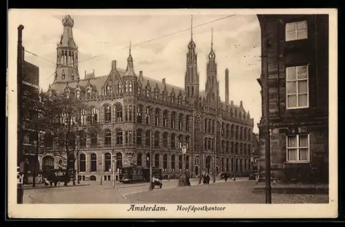 AK Amsterdam, Hoofdpostkantoor, Partie mit Strassenbahn