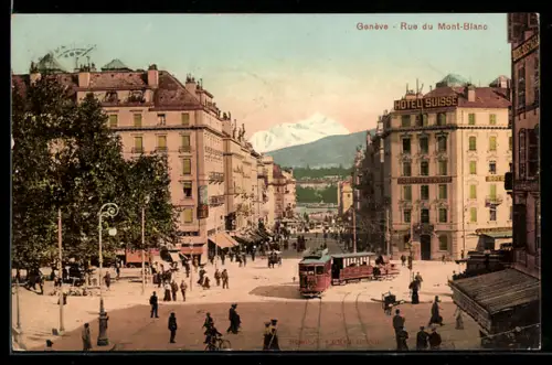 AK Genève, Rue du Mont-Blanc, Strassenpartie mit Strassenbahn