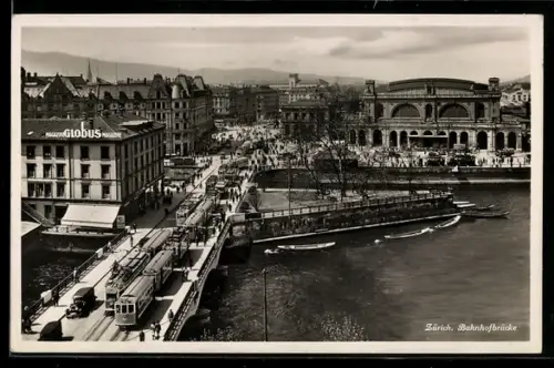 AK Zürich, Strassenbahn auf der Bahnhofbrücke