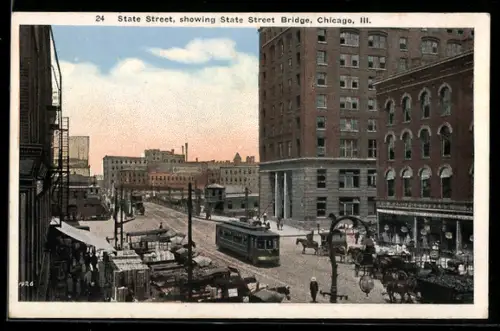 AK Chicago, State Street, showing Street Bridge, Strassenbahn
