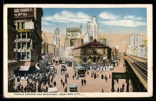AK New York City, NY, Herald Square and Broadway, Strassenbahn