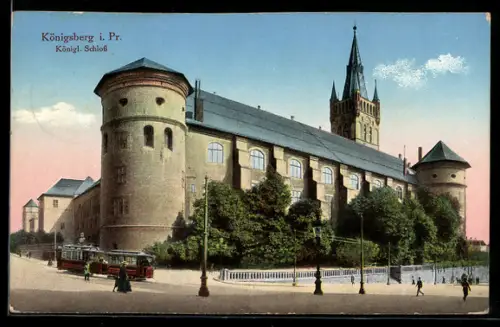 AK Königsberg i. Pr., Strassenbahn am königl. Schloss