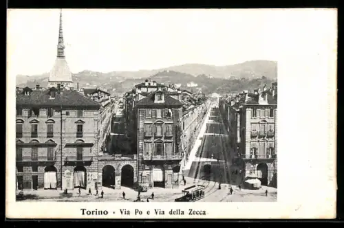 AK Torino, Via Po e Via della Zecca, Strassenbahn