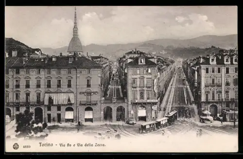 AK Torino, Via Po e Via della Zecca, Strassenbahn