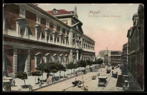 AK Napoli, Museo Nazionale, Pferdebahn, Pferdegespann