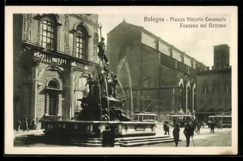 AK Bologna, Piazza Vittorio Emanuele, Fontana del Nettuno, Strassenbahn