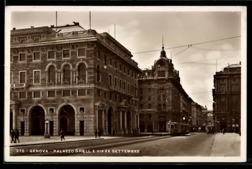AK Genova, Palazzo Schell e Via XX Settembre, Strassenbahn