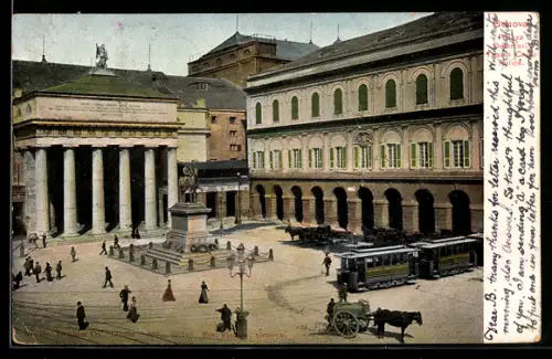 AK Genova, Piazza Deferrari, Teatro Carlo Felice, Platz mit Denkmal u. Strassenbahn