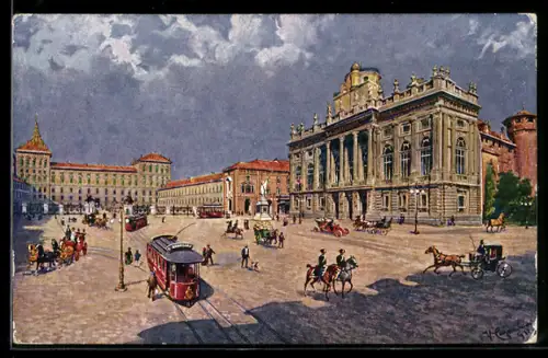 Künstler-AK Torino, Piazza Castello col Palazzo Reale, Strassenbahn